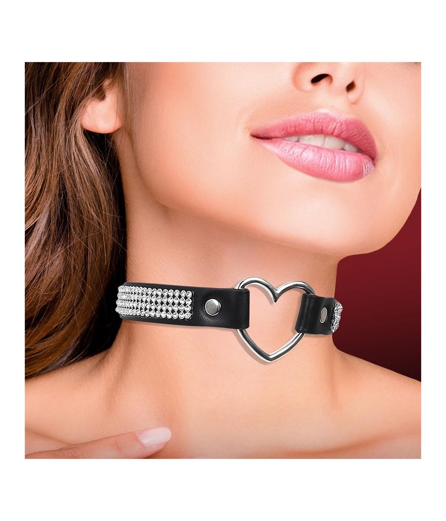 Collar con Corazon y Pedreria Estilo Choker Cuero Vegano Talla unica