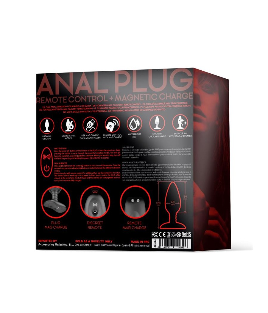 Asher Plug Anal con Control Remoto USB Magnetico Negro