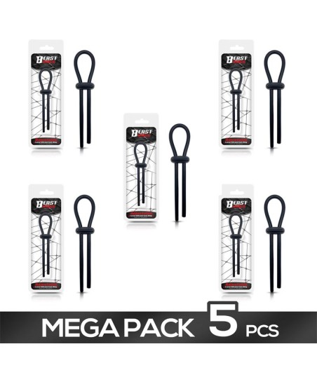 Pack  4 + 1 Anillo para el Pene de Lazo Ajustable Silicona Sólida Negro