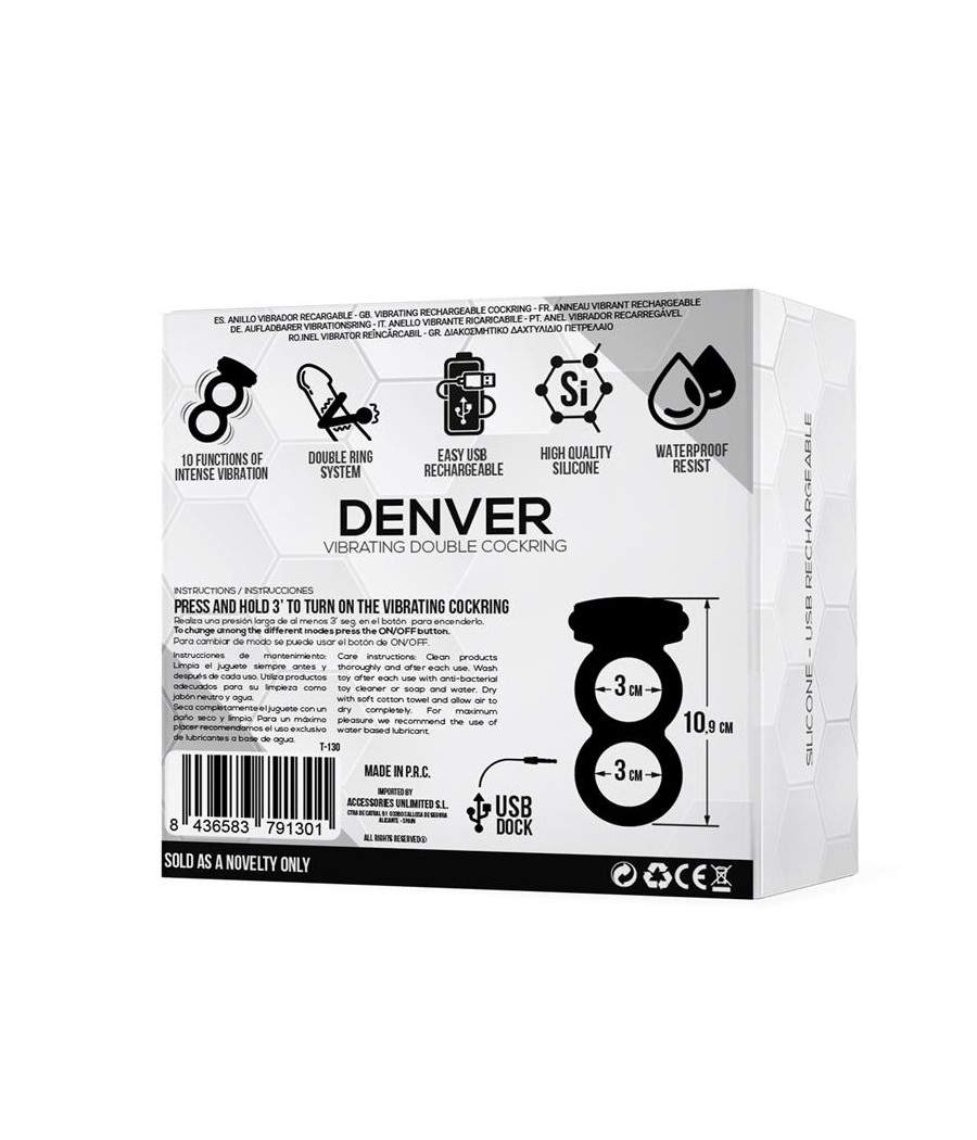 Denver Anillo Doble con Bala Vibradora USB Silicona Negro