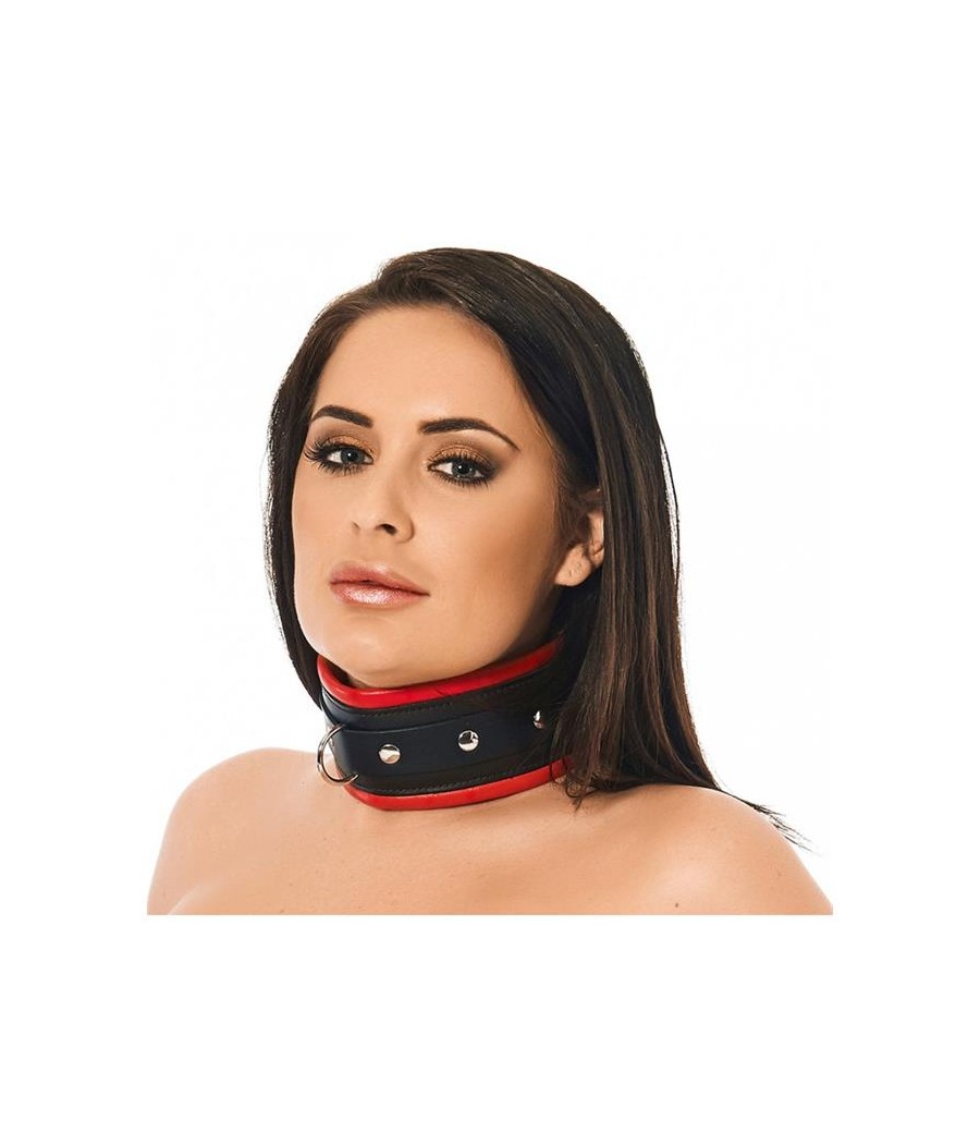 Collar Ancho Cuero Negro y Rojo